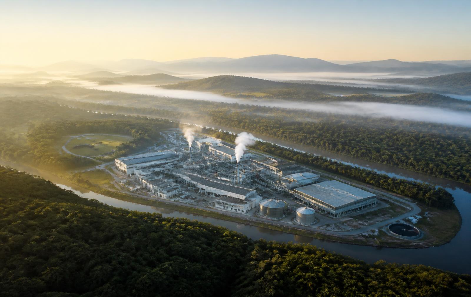 Vista aérea de empreendimento industrial cercado por mata nativa e rio ao amanhecer